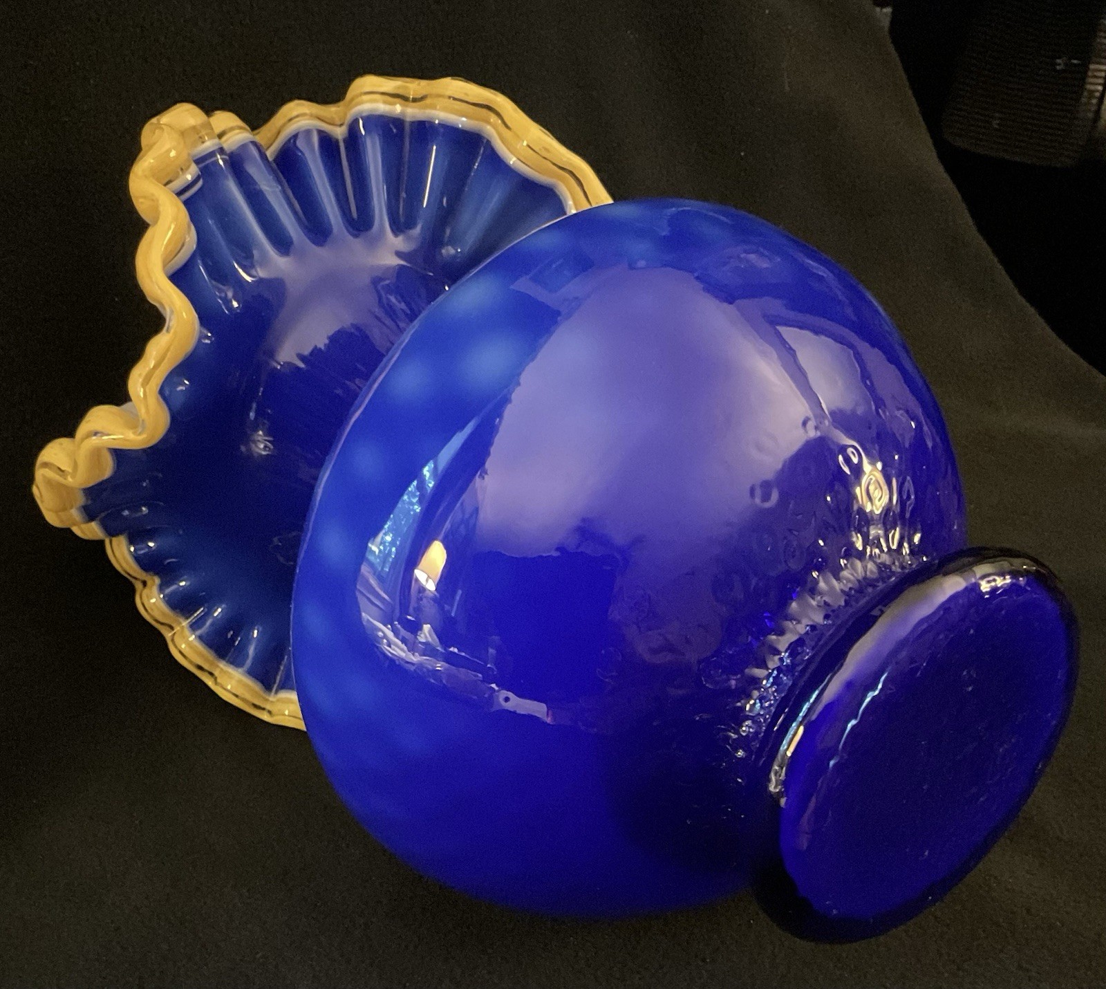 2 MCM Arte Murano Kristall Mery Cobalt Blue Pitcher W/Yellow Ruffled Rim 8.5