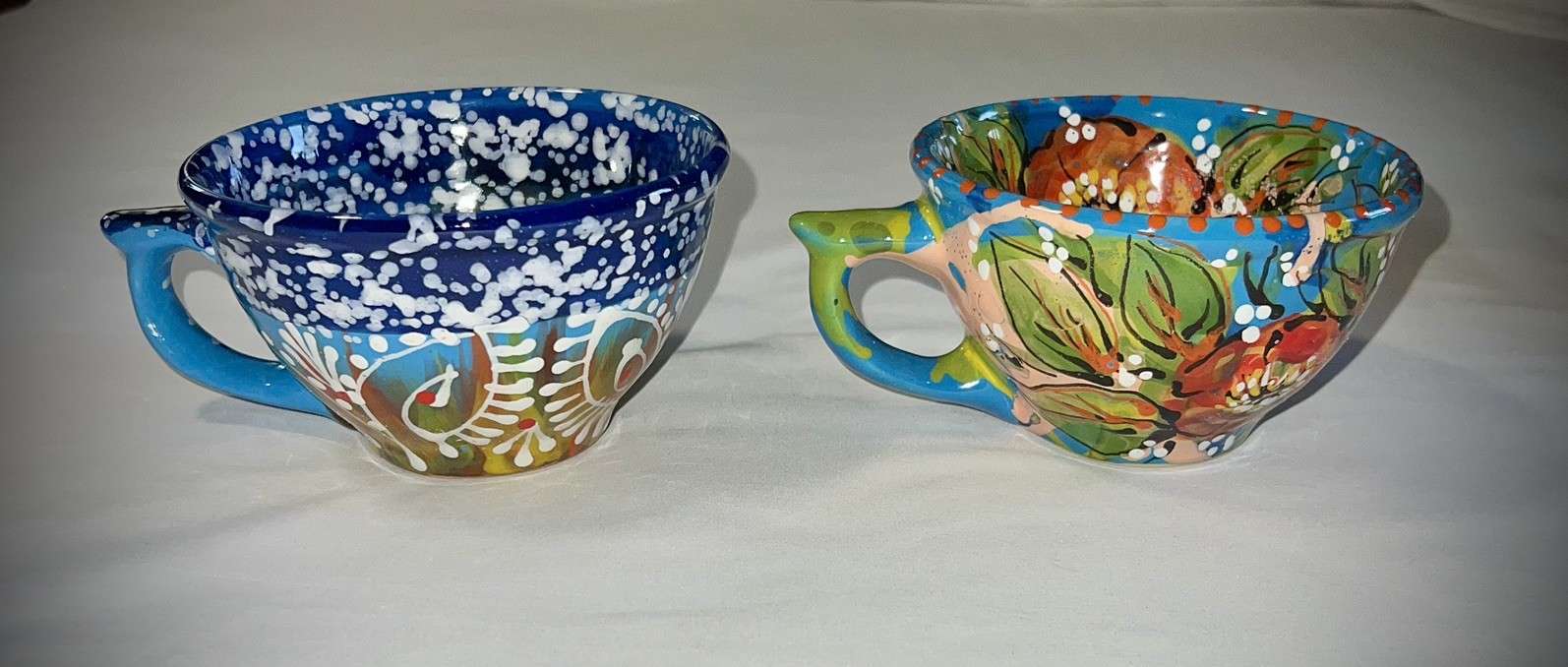 Hand Painted Artisan Crafted Ceramic Folk Art Floral Abstract Coffee Tea Cups 2