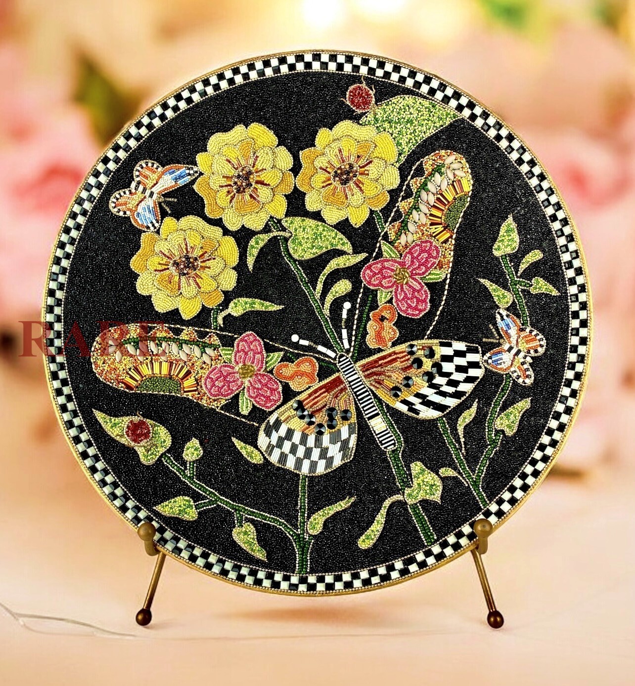 MacKenzie Childs Courtly Check Butterfly Bloom Décor 20.5″ Dia Tray New No Box