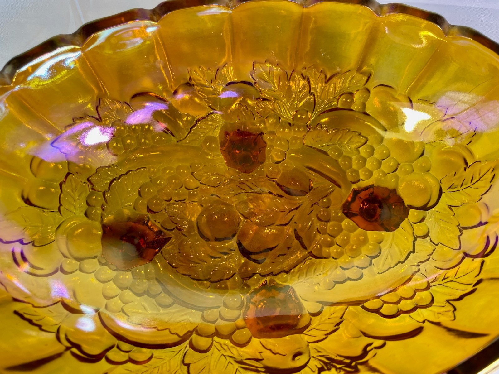 Vintage Carnival Glass Amber Iridescent Fruit Bowl 12” LG Footed Oval Indiana