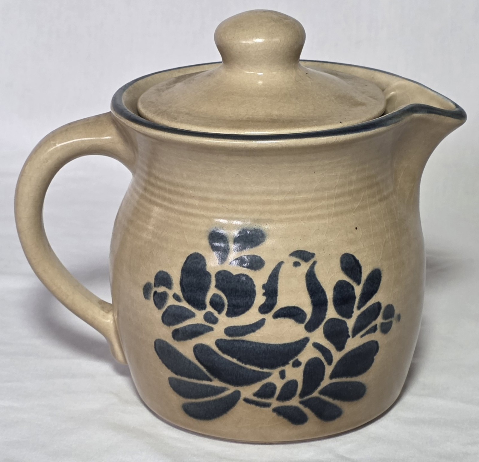 Pfaltzgraff Folk Art 550 Stoneware Teapot 8″ Blue Tan, 40oz Bird Marked