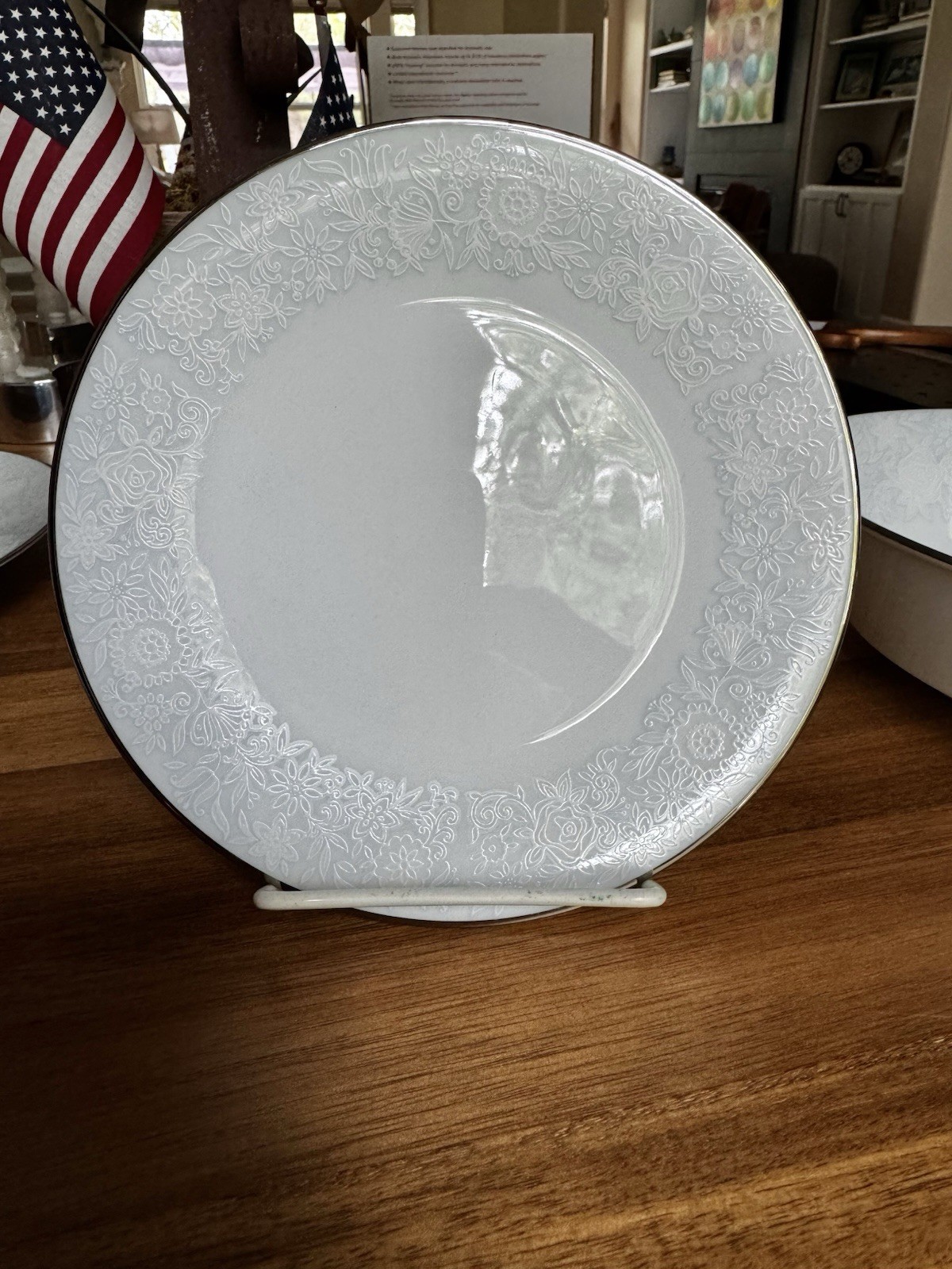 Vintage Ravel Noritake China White / Blue Lace Trim / Platinum Edge Bread Plate