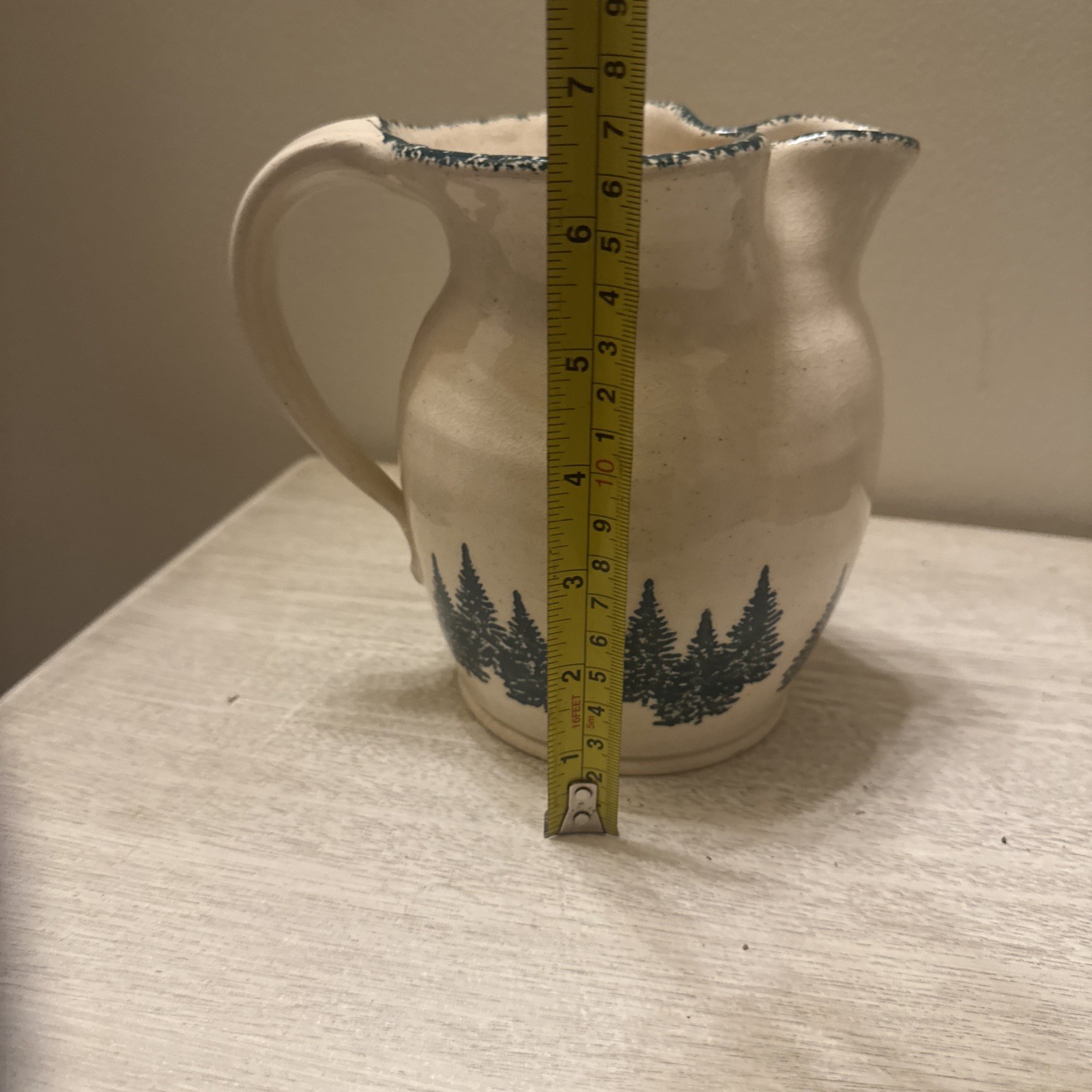 VTG 1992 Three Rivers Pottery Stoneware Pitcher – Hand-Thrown Pine Tree Motif