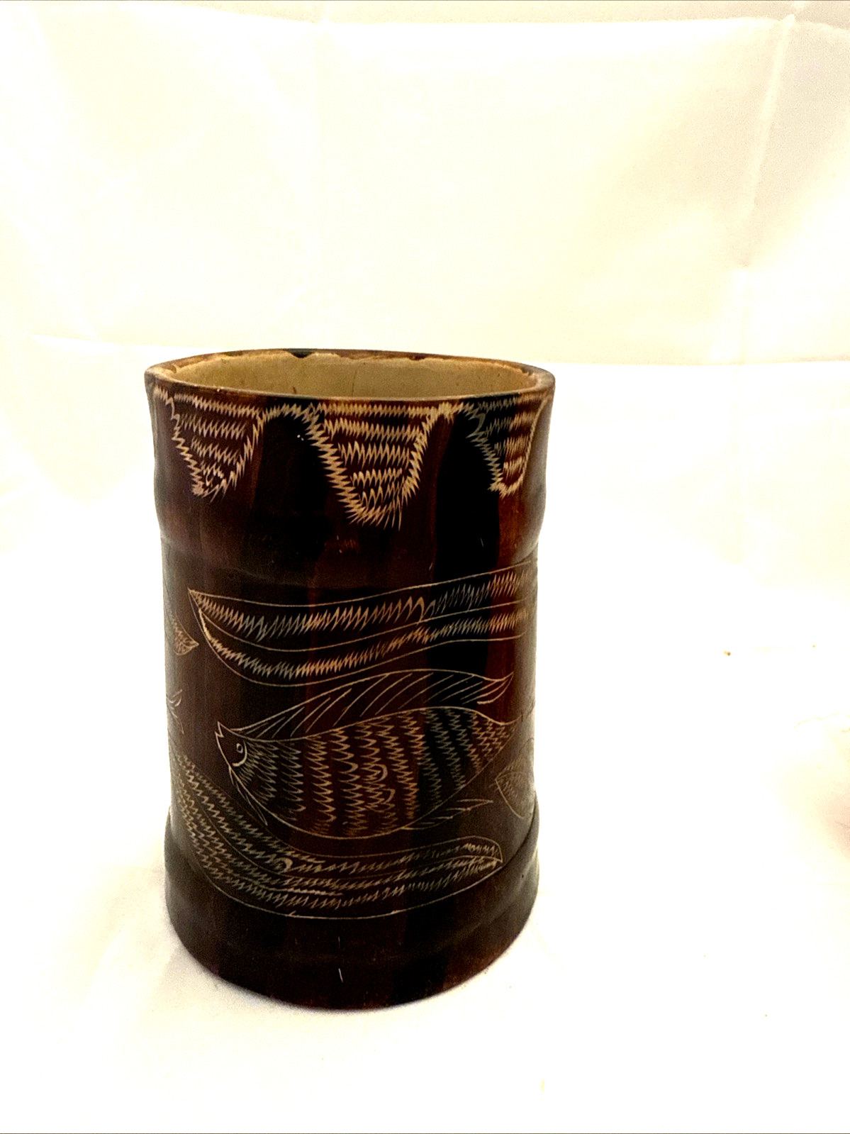 Scrimshaw Like Fish, Plants Waves Ceramic Mug 16oz Art Pottery Not Signed Unique