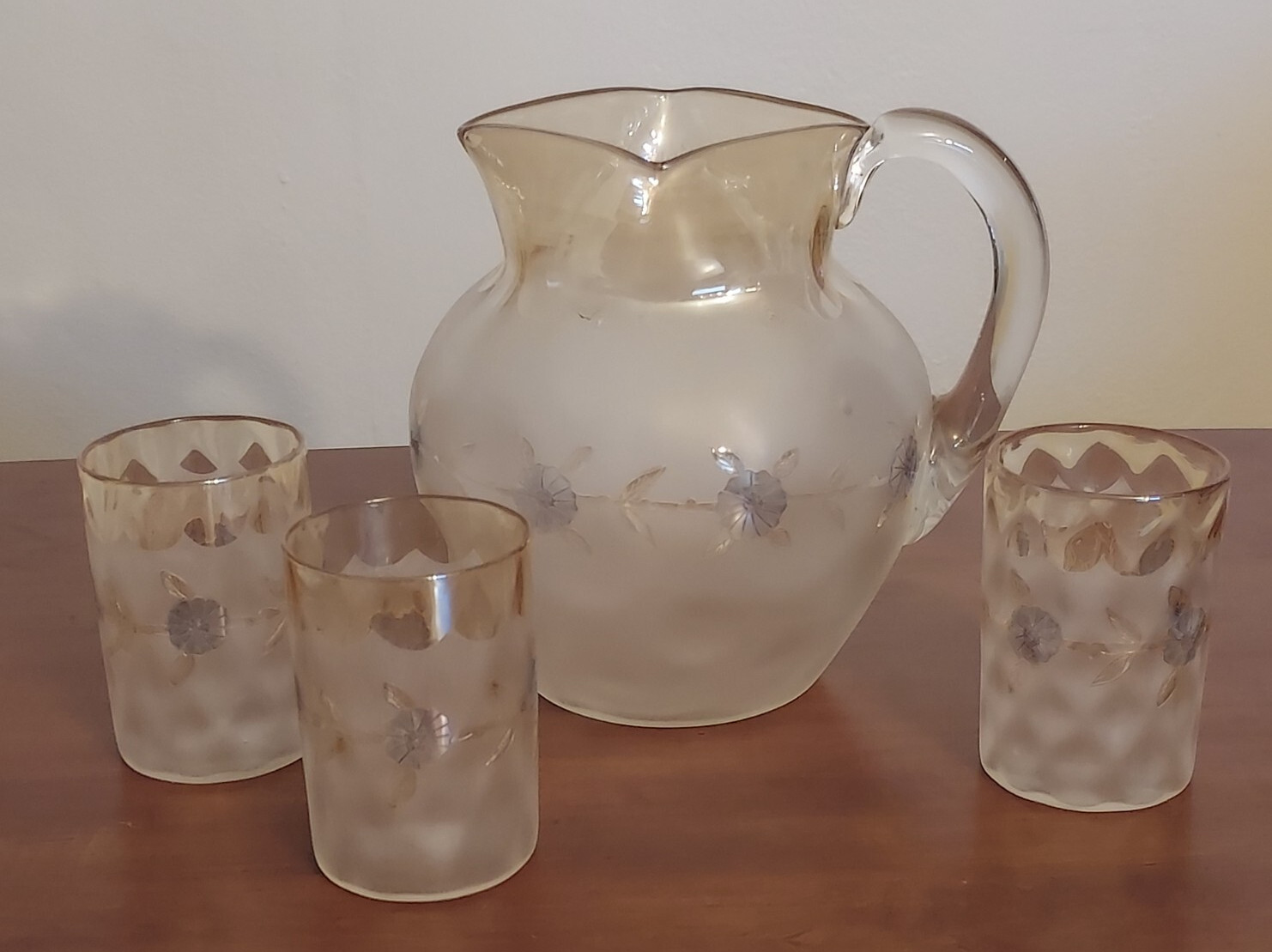 Antique POMONA New England CORNFLOWER Art Glass Lemonade PITCHER Water TUMBLERS