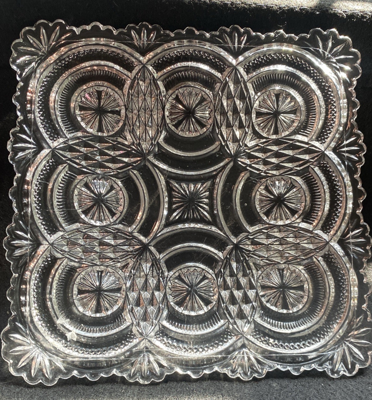 Antique Bryce Higbee Banquet Medallion Sunburst Square Clear EAPG Glass Plate 7”