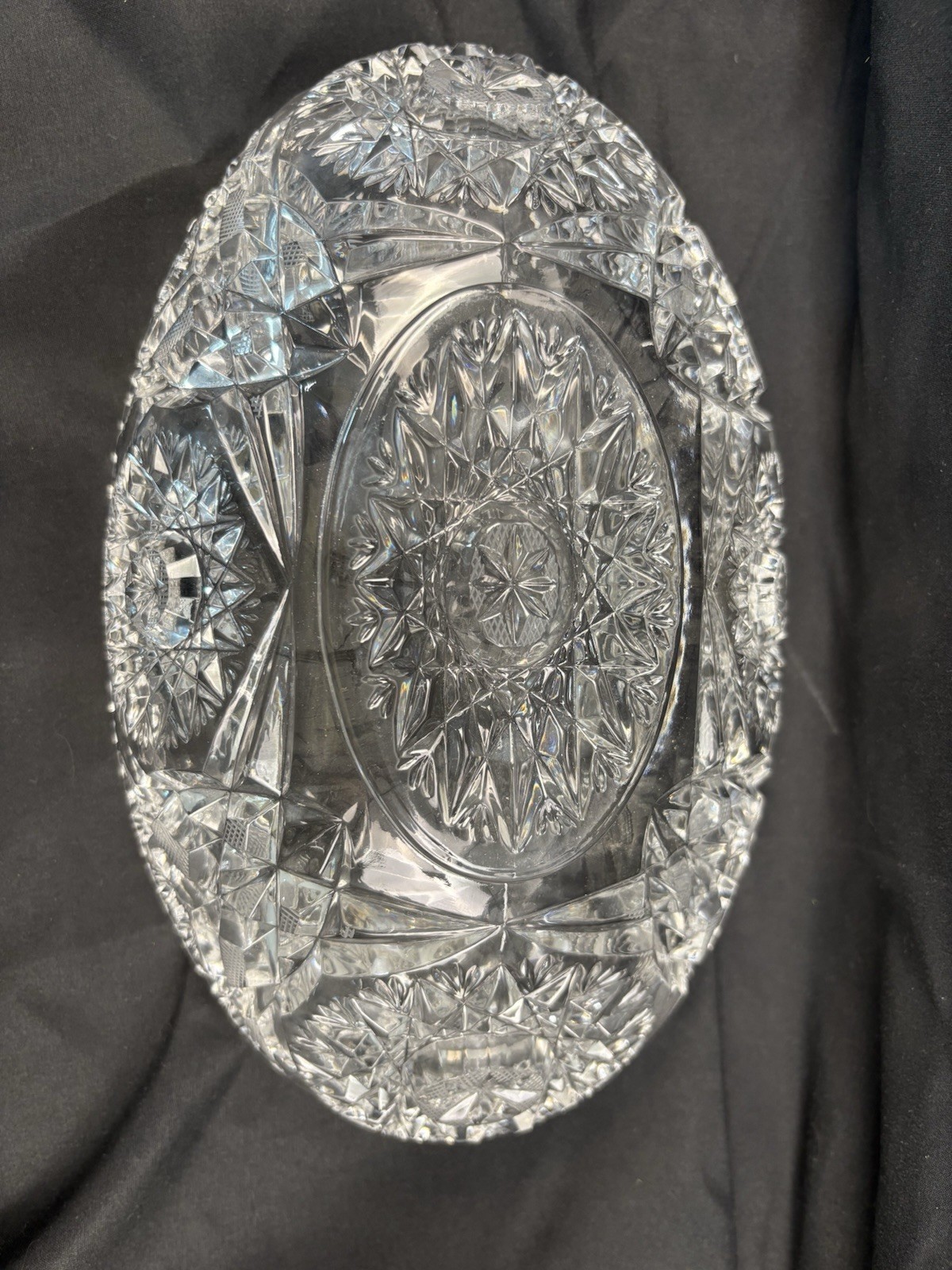Vintage Cut Crystal American Brilliant 11″ Oval Sawtooth Edge Dish Bowl