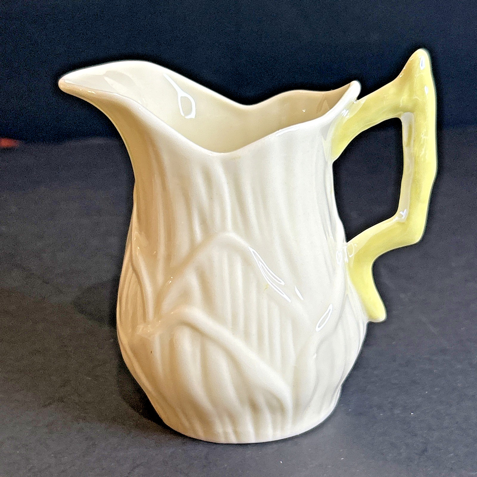 Belleek Lily White Creamer 3.25″ Yellow Handle 6th Green Mark 1965-1980