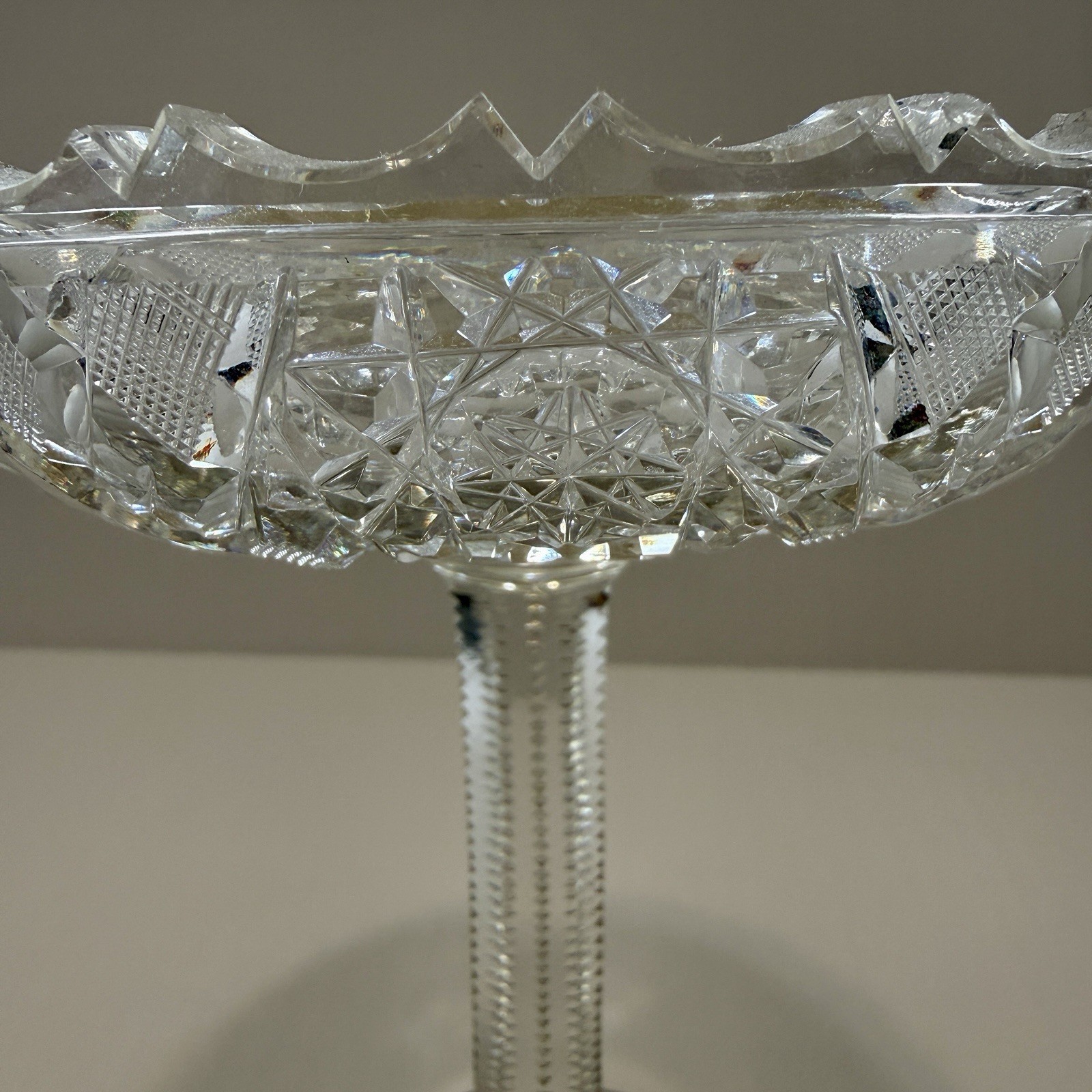American Brilliant Period Cut Glass Pedestal Compote Bowl 6″ Scallop Sawtooth