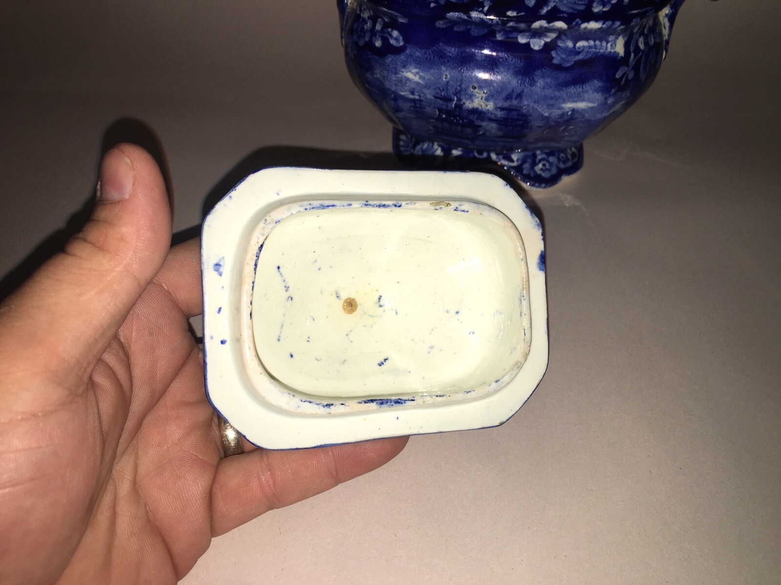 LA3 Historical Staffordshire Dark Blue Sugar Bowl Macdonoughs Victory Ca. 1825
