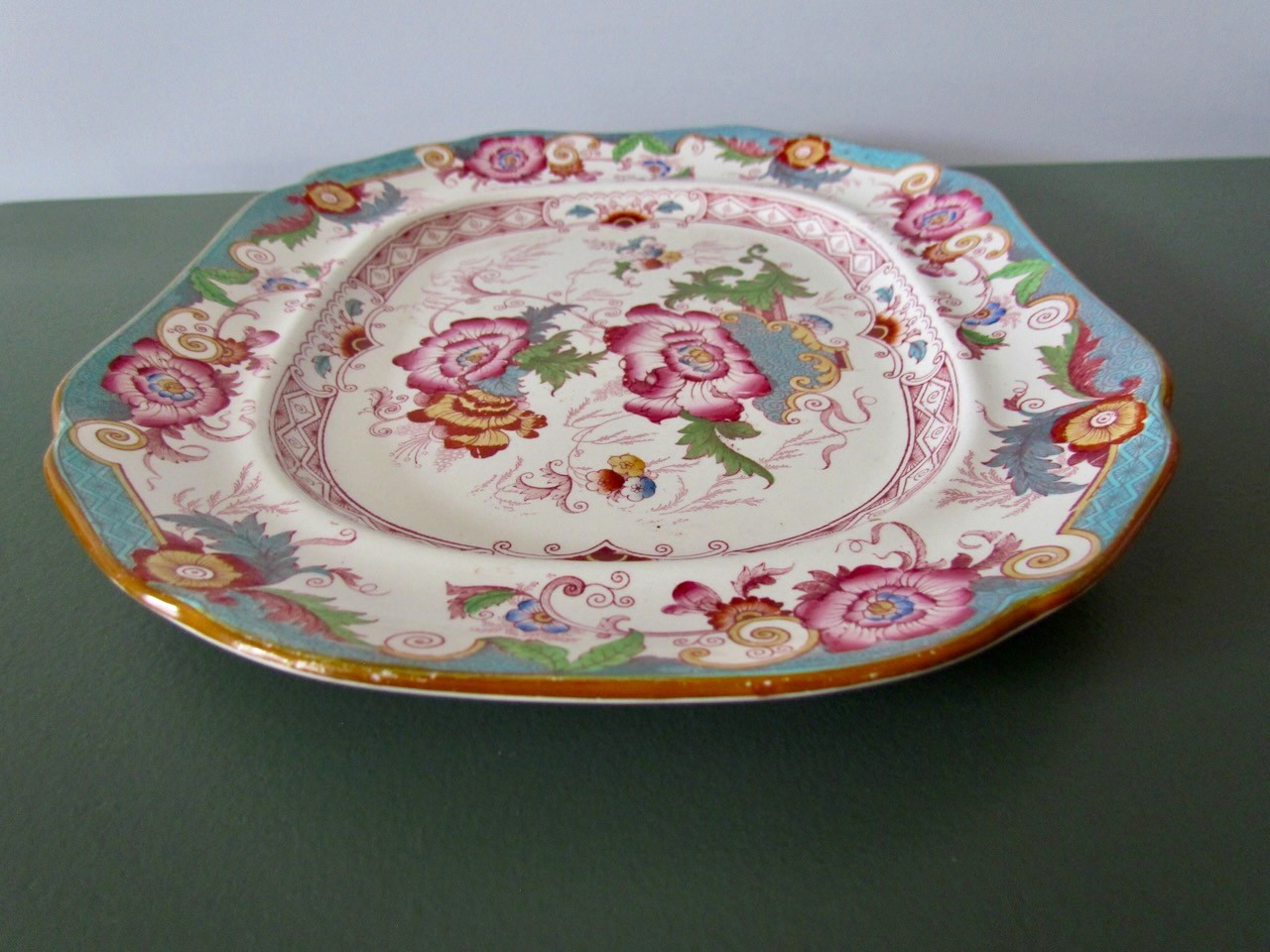 Antique Cauldon Large Platter Bentinck Turquoise Floral Transferware England