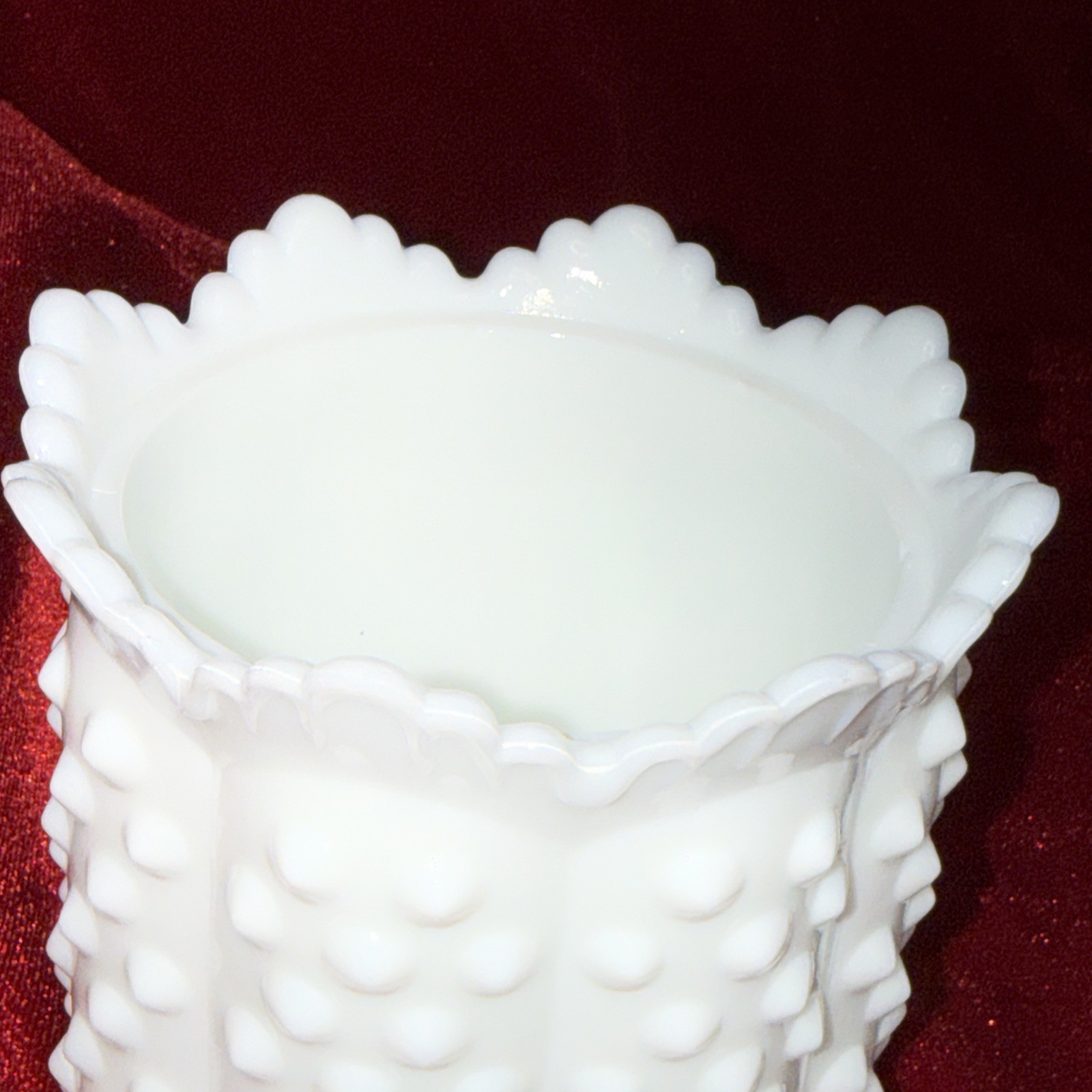 Vintage 6” Fenton 1970s Milk Glass Hobnail Jar Butterfly Lid Scalloped Edge