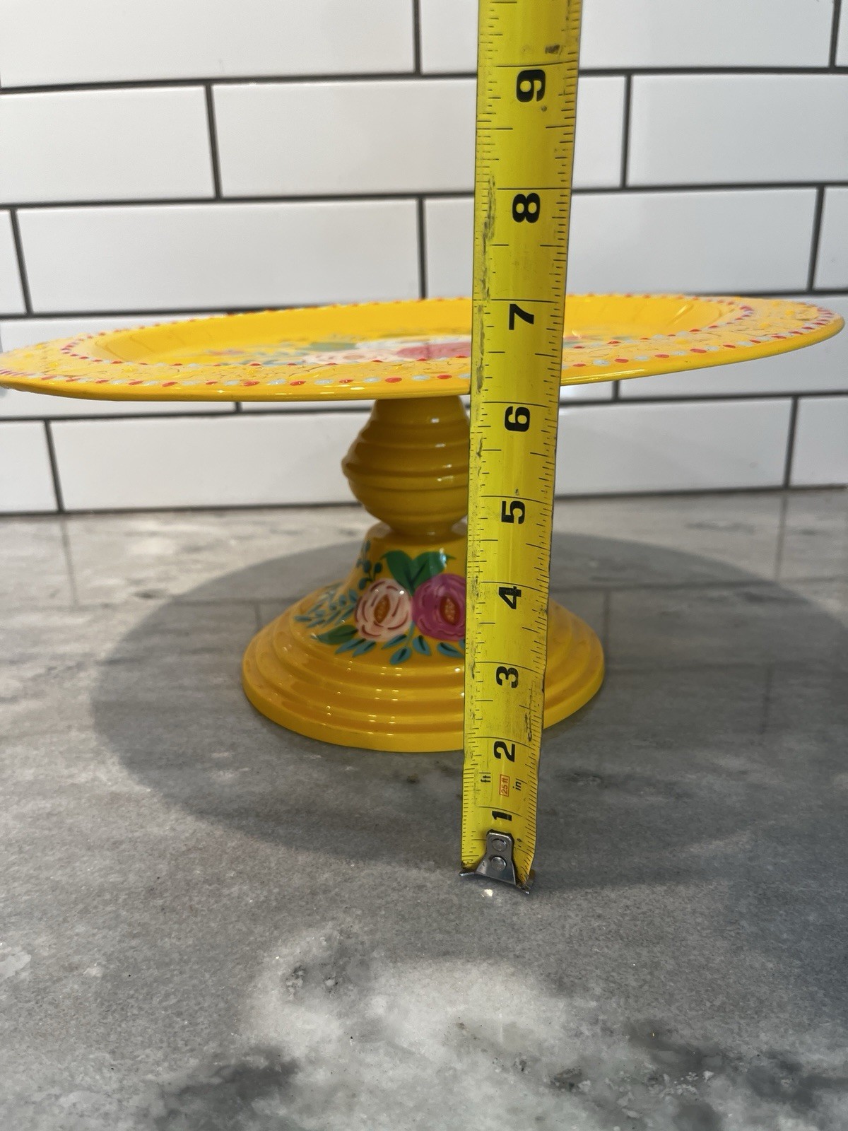 NEW Sunset & Co Yellow Hand painted Floral Cake Stand 13.5”, Party, Bright,