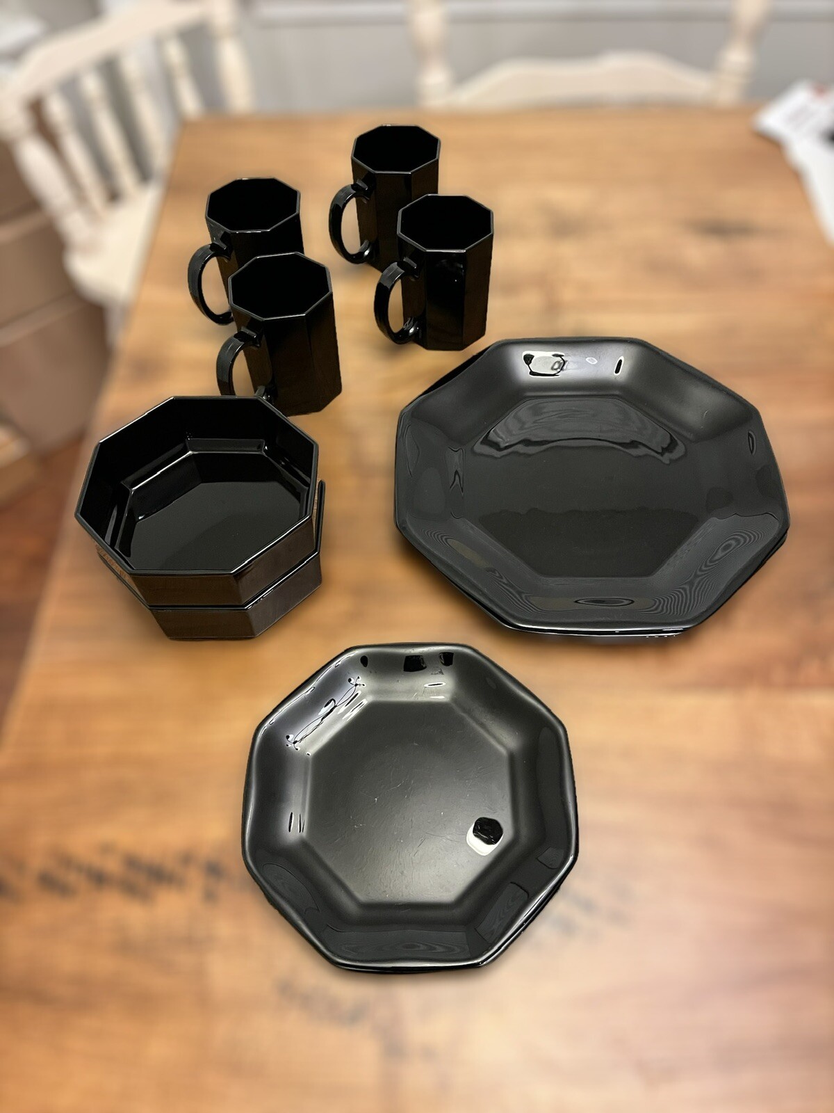 Lot of 12 Vintage FRANCE Black Octagon Set of Dishes Mugs Plates Bowls Dinner