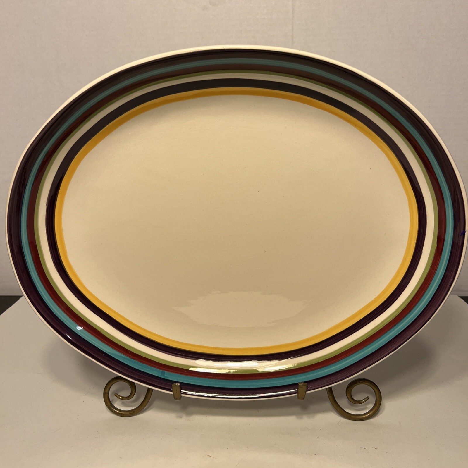 Tabletops Gallery Huge Striped 15.5 Diameter Serving Bowl Hand Painted NICE