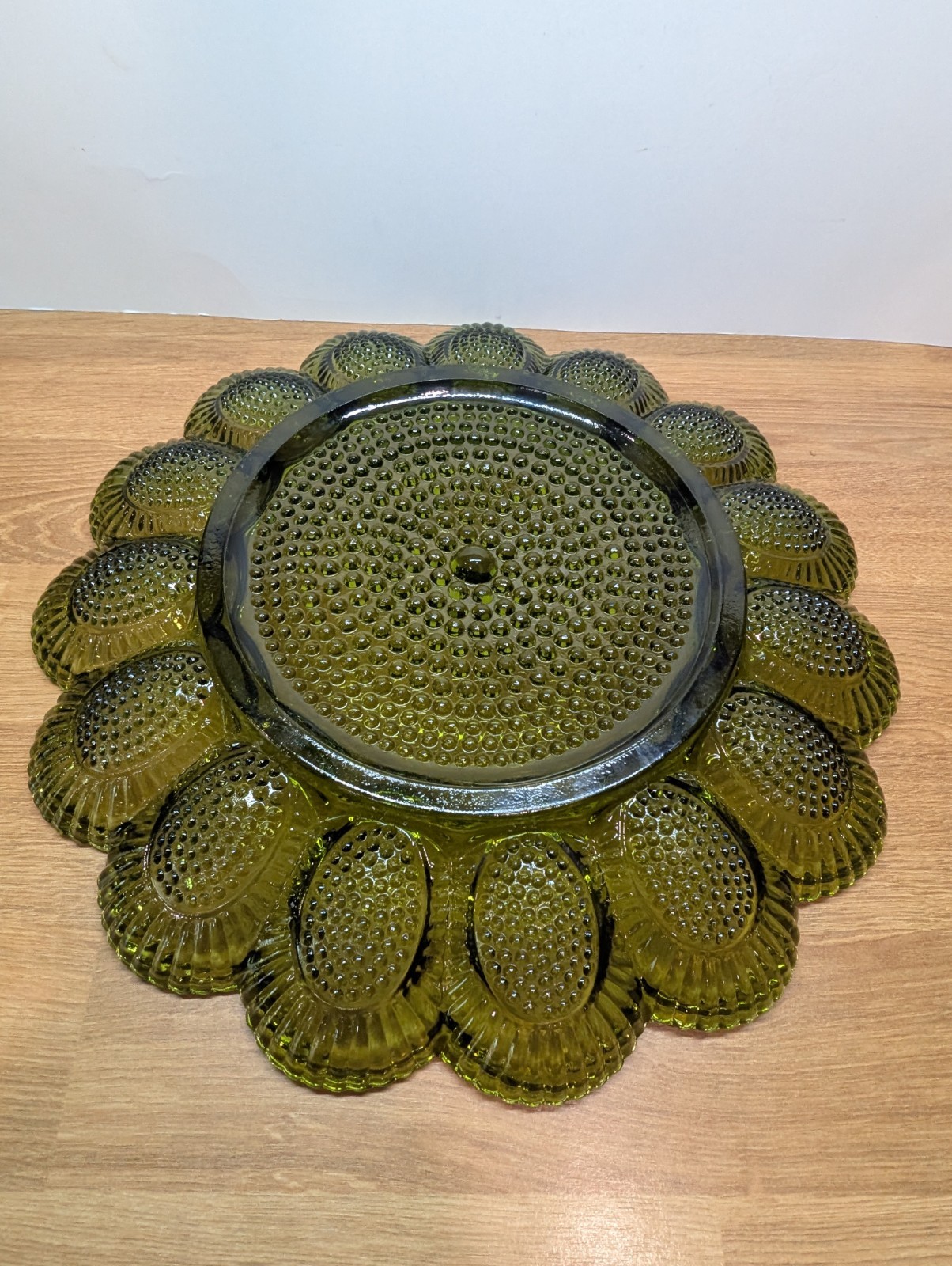 Vintage Indiana Glass Olive Green Hobnail Deviled Egg Dish Tray Plate MCM 15 Egg