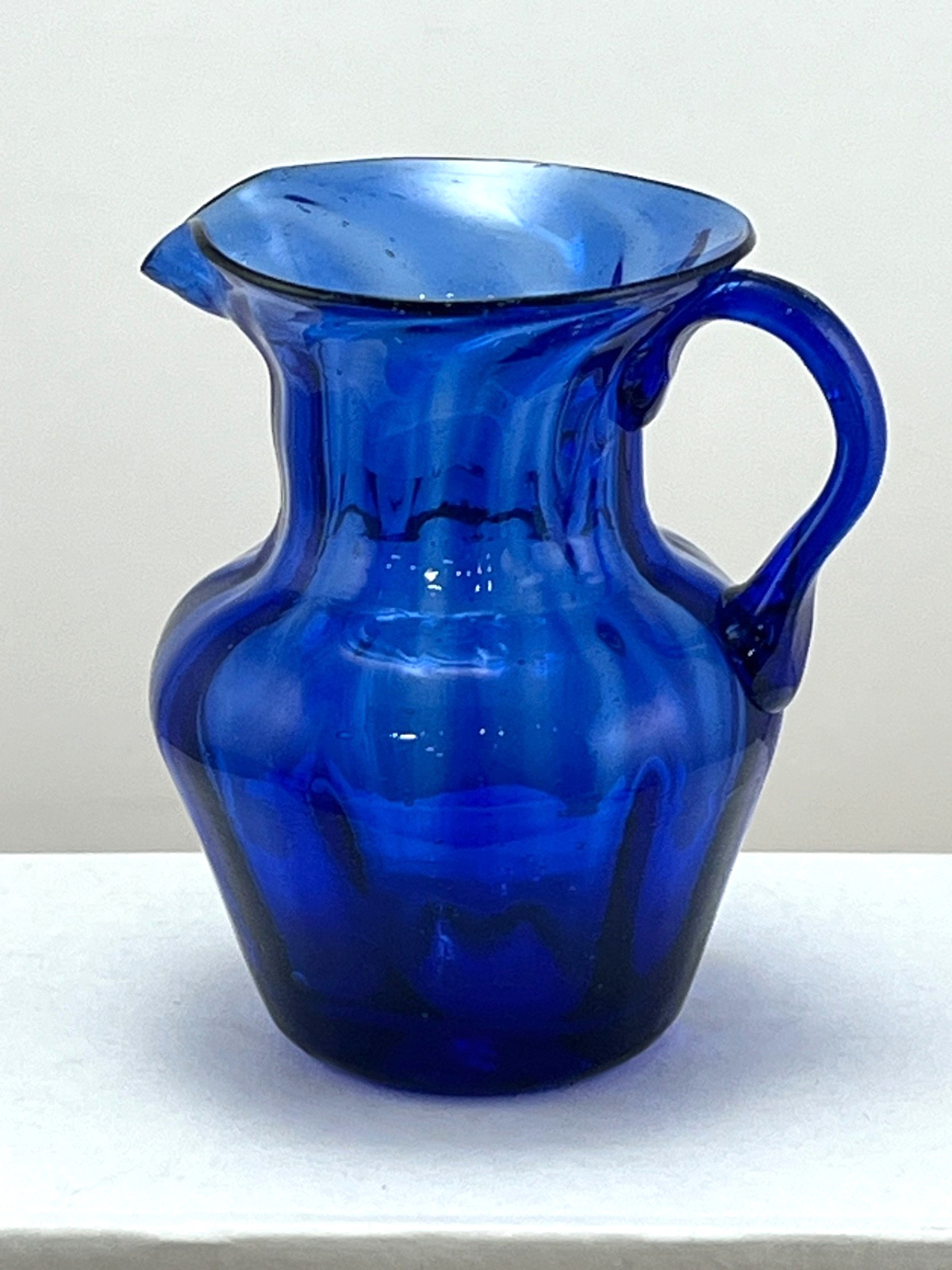 Hand Blown Cobalt Blue Swirl Glass Creamer Small Pitcher with Applied Handle 3″