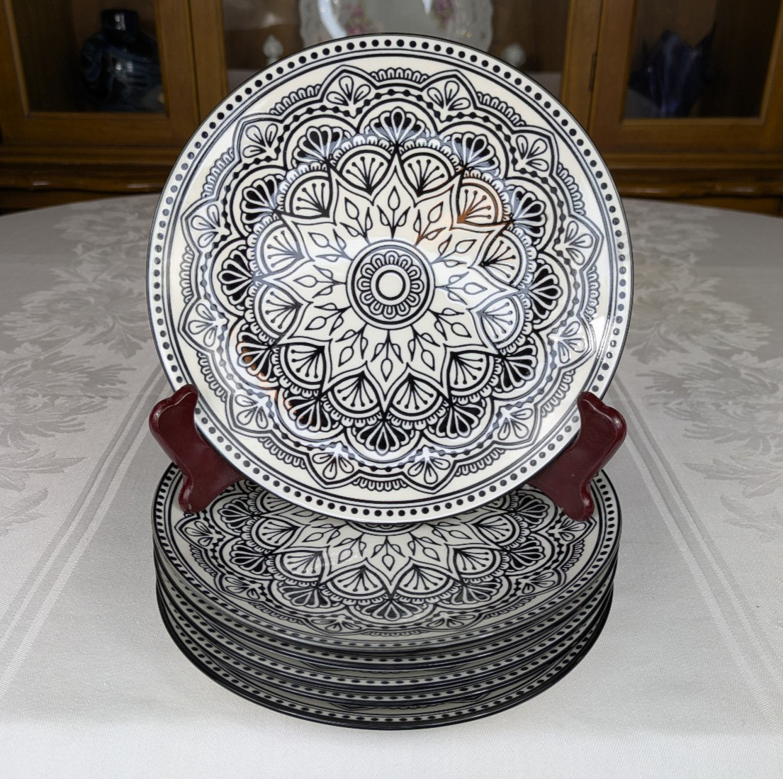Set 6 Royal Norfolk Black & White Mediterranean Ceramic Salad Plates 7.5 NEW