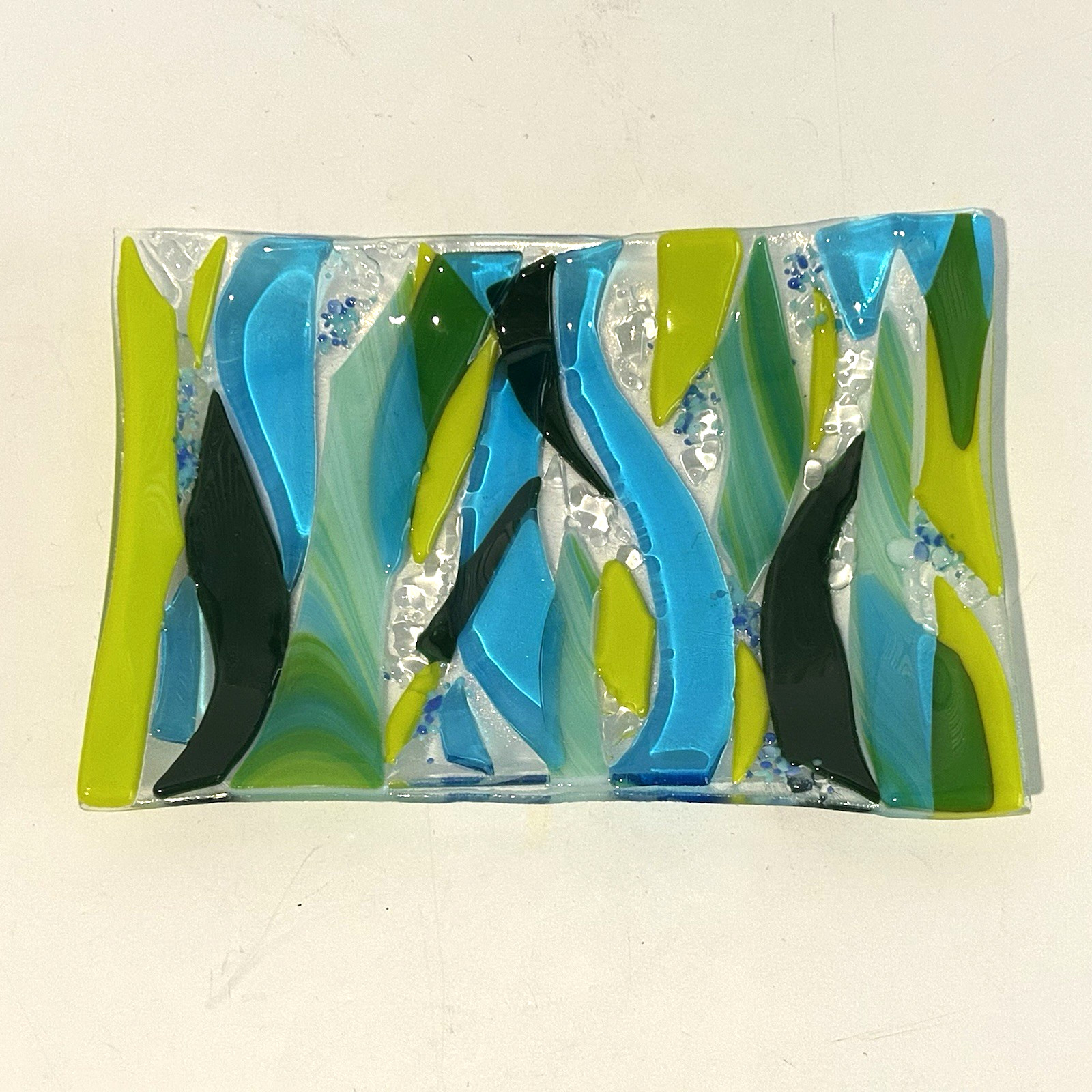 Blue Green Yellow Fused Art Glass Trinket Tray Dish Plate Waves Home Decor