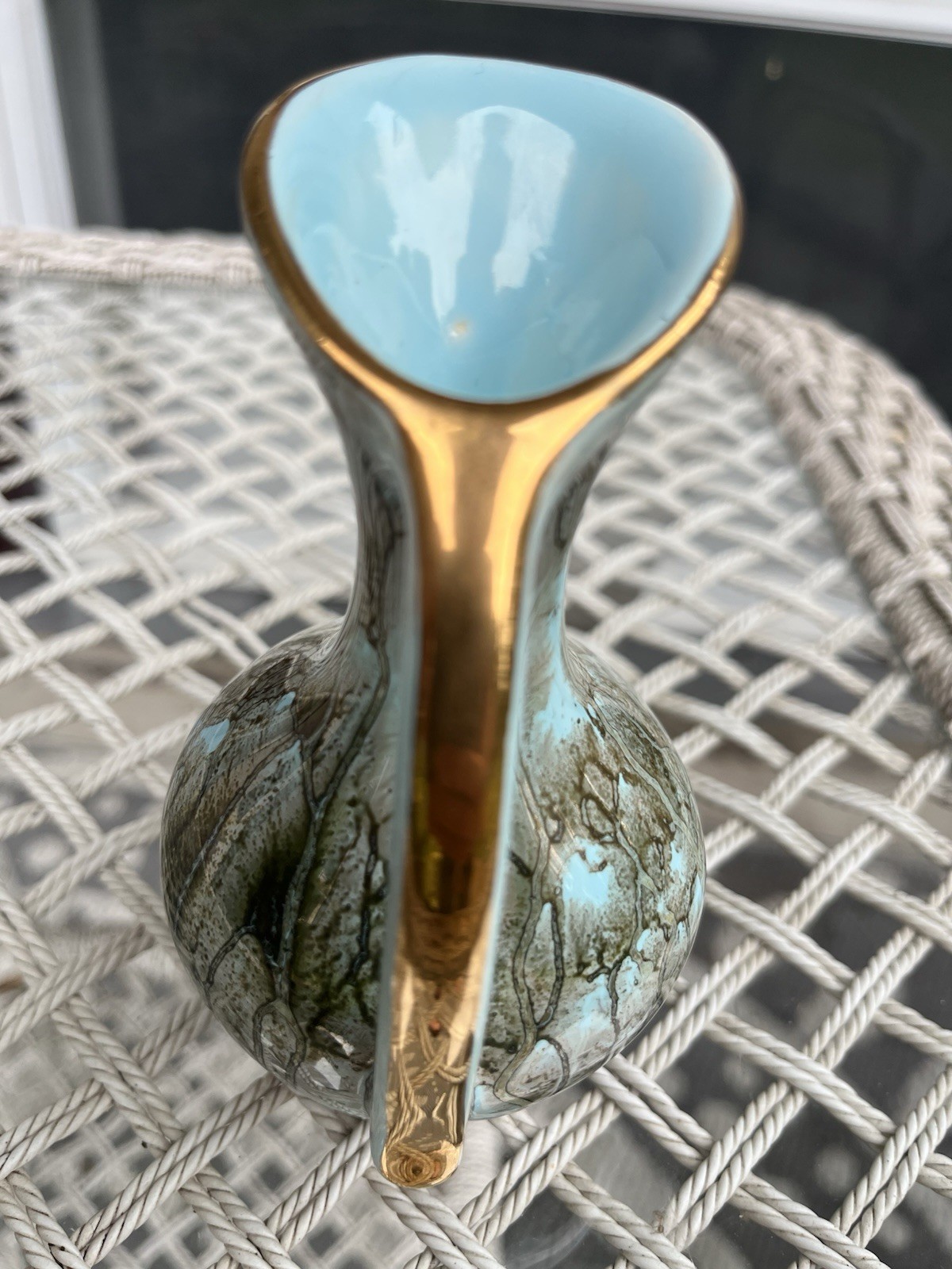 Vtg Delft Hand Painted Small Ceramic Pitcher Blue And Gold Tone Swirled 5 In