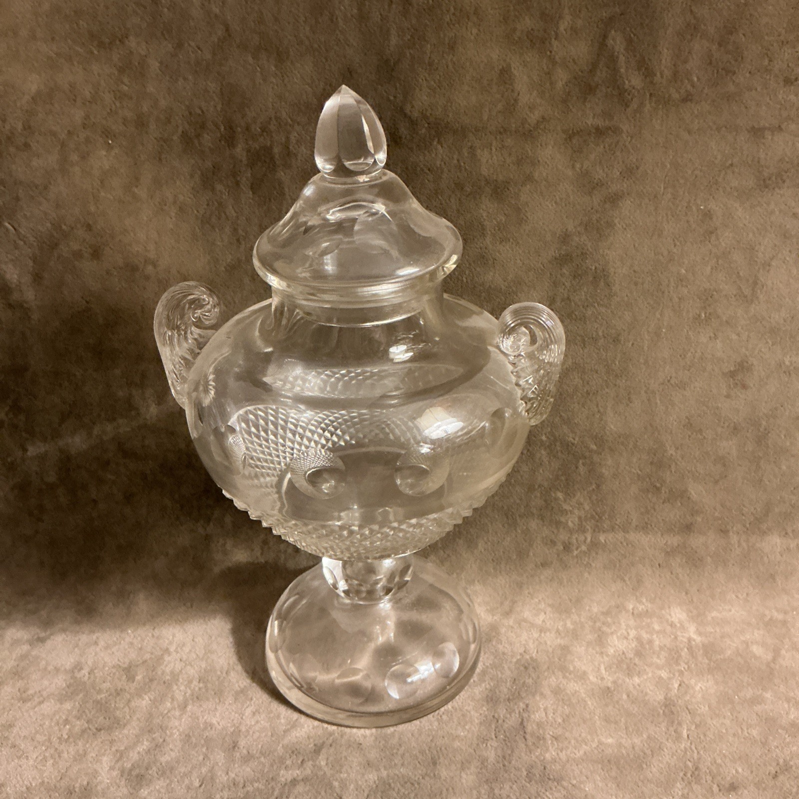 Victorian Cut Glass Hand Blown Sweet Meat Covered Small Jar Diamond Pattern