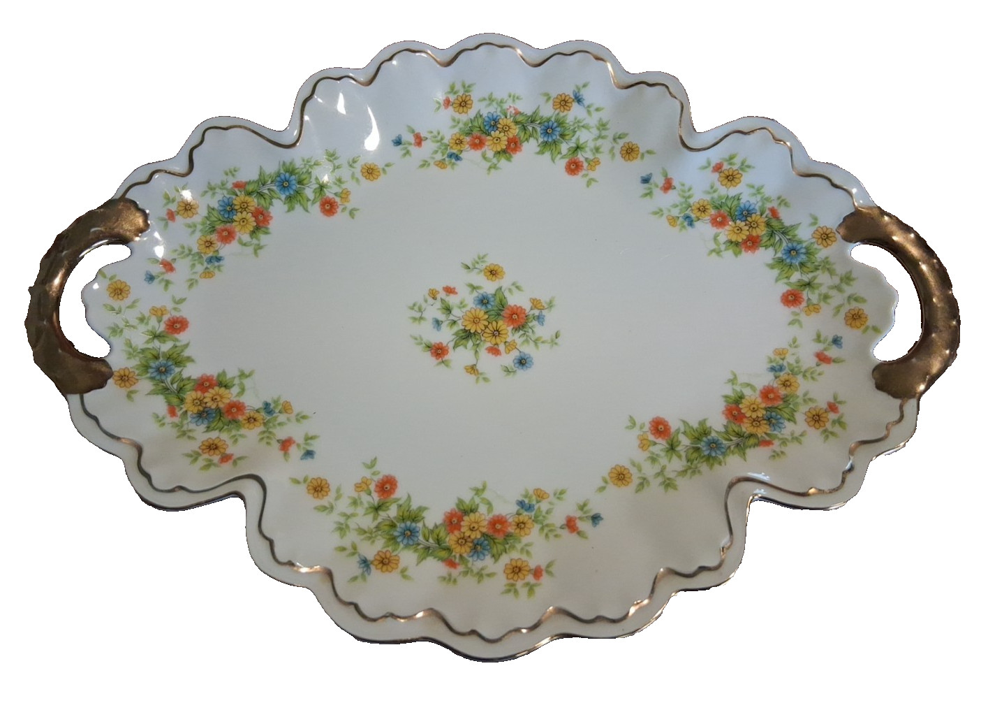 Vintage Lefton Summer Flowers Oval Platter Pattern #1905 Hand Painted Gold Trim