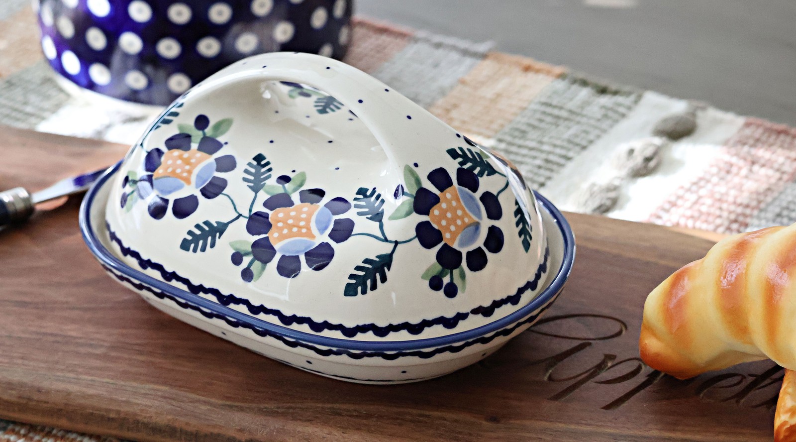 Blue Rose Polish Pottery Sunflower Butter Dish with Handle
