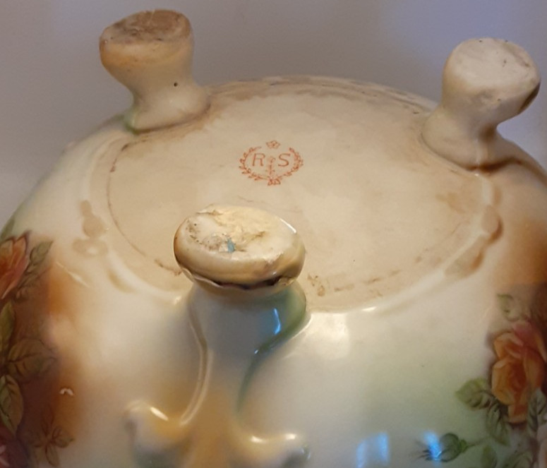 Antique R.S. Prussia Red Mark Hand Painted Floral Scalloped 10″ Bowl Gold Trim