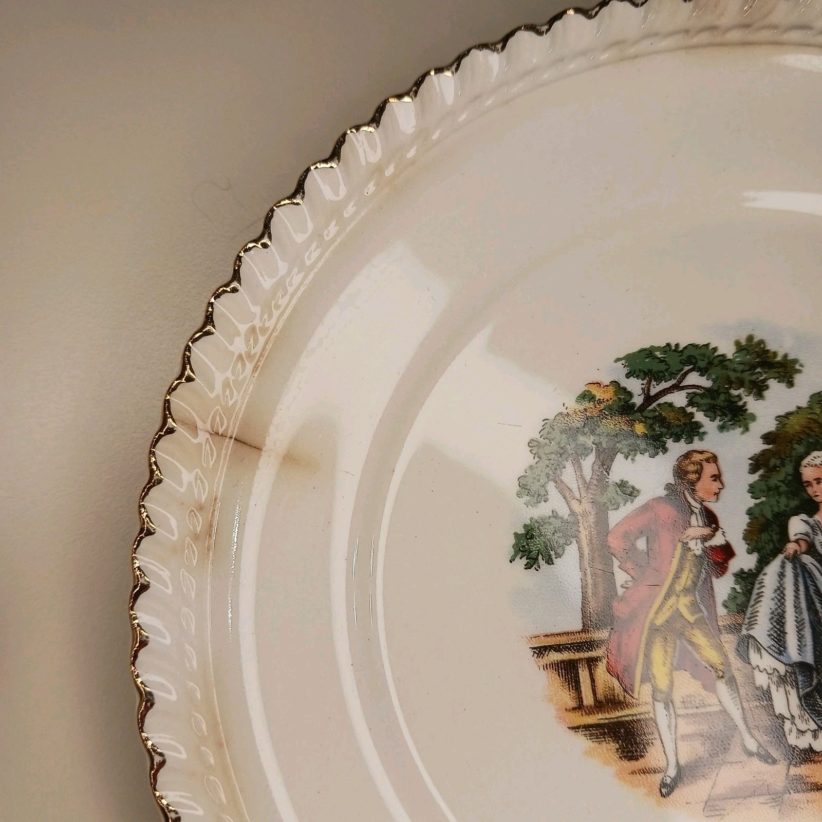 Vintage Harker Pottery Set of 3 Plate 6 1/4” 22 KT. Gold Colonial Couple White