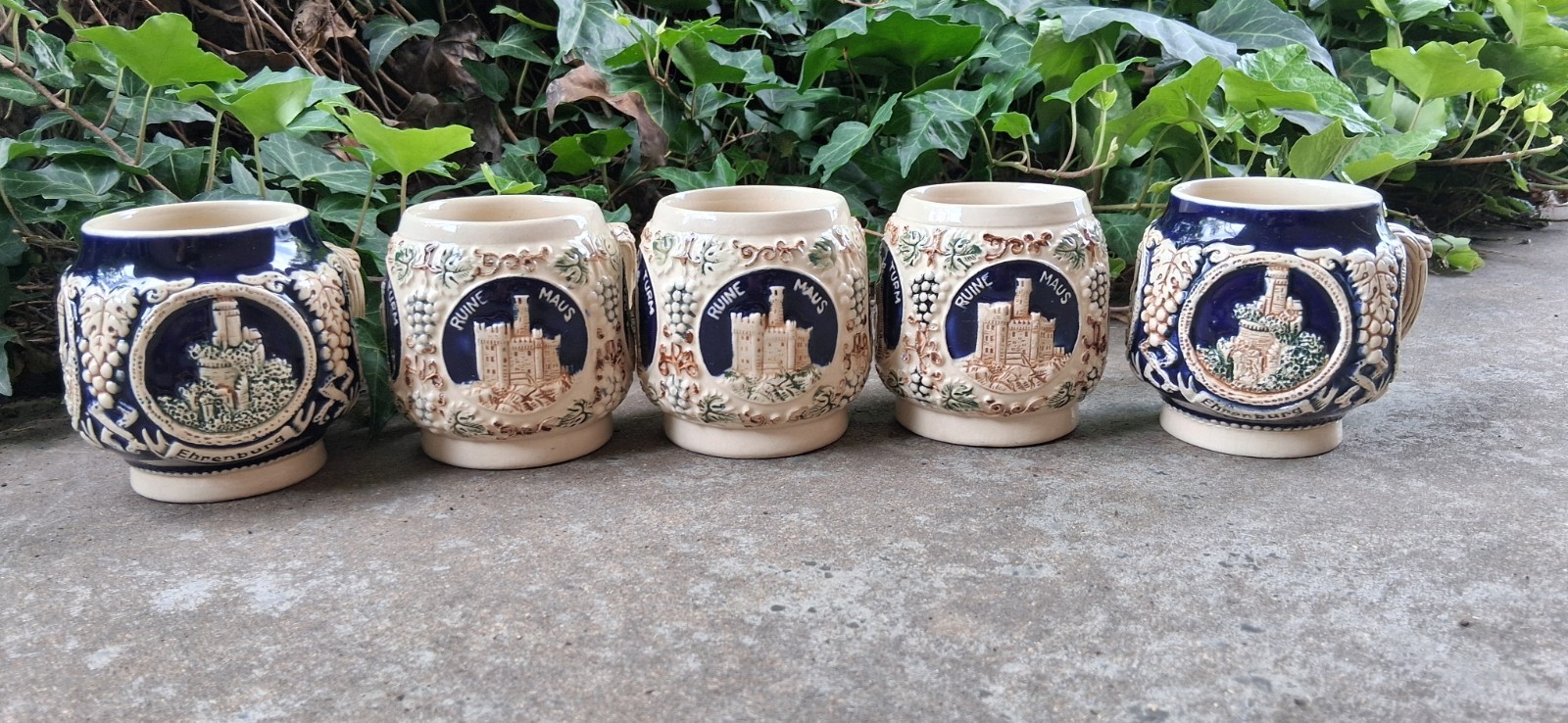 5 German Stoneware Mugs By Marzi & Remy “2835” 2 Cobalt Blue & 3 Cream Mugs