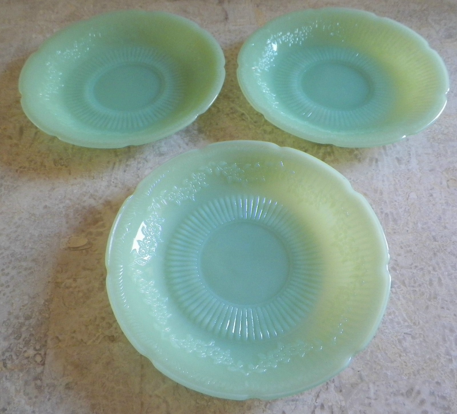 Vintage Fire King Jadeite Alice Floral Pattern 6″ Saucers Set of 3