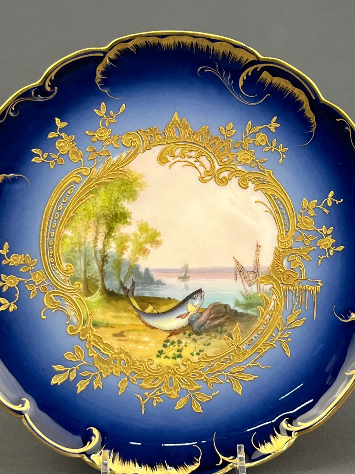 5 Haviland & Co. Hand-Painted 8 ½” Bleu de Four Gilt Fish Plates c. 1876-1899