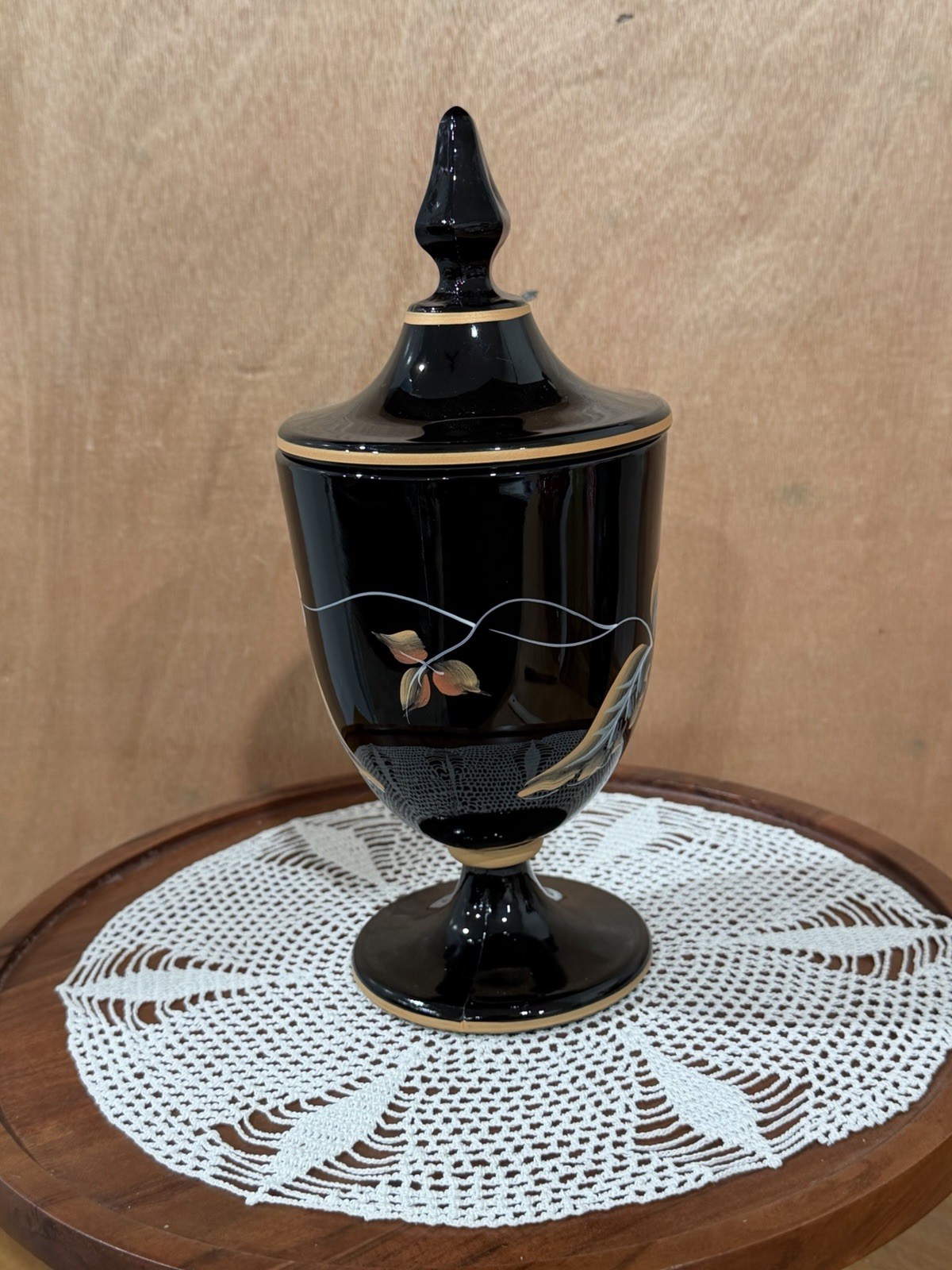 Fenton 1994 Black Hand Painted Lidded Urn Candy Dish J.K. Spindler #1325