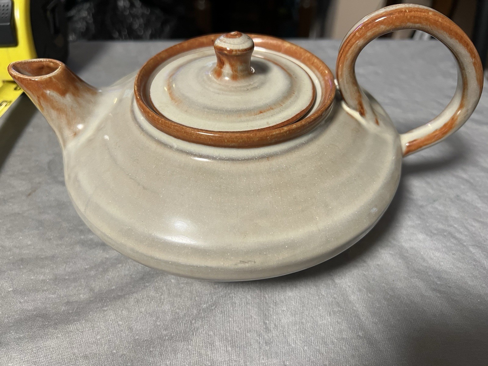 Beige & Brown Art Pottery Round Teapot w/ Lid, 1 Pint, 9in, NC Pottery