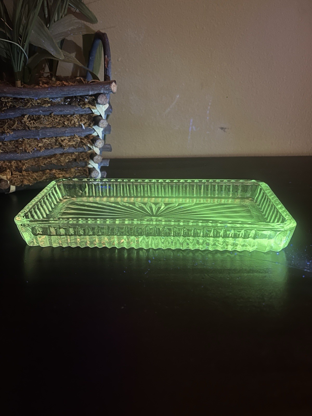 Vintage Glowing Glass Rectangular Trinket Tray Starburst Pattern UV Reactive