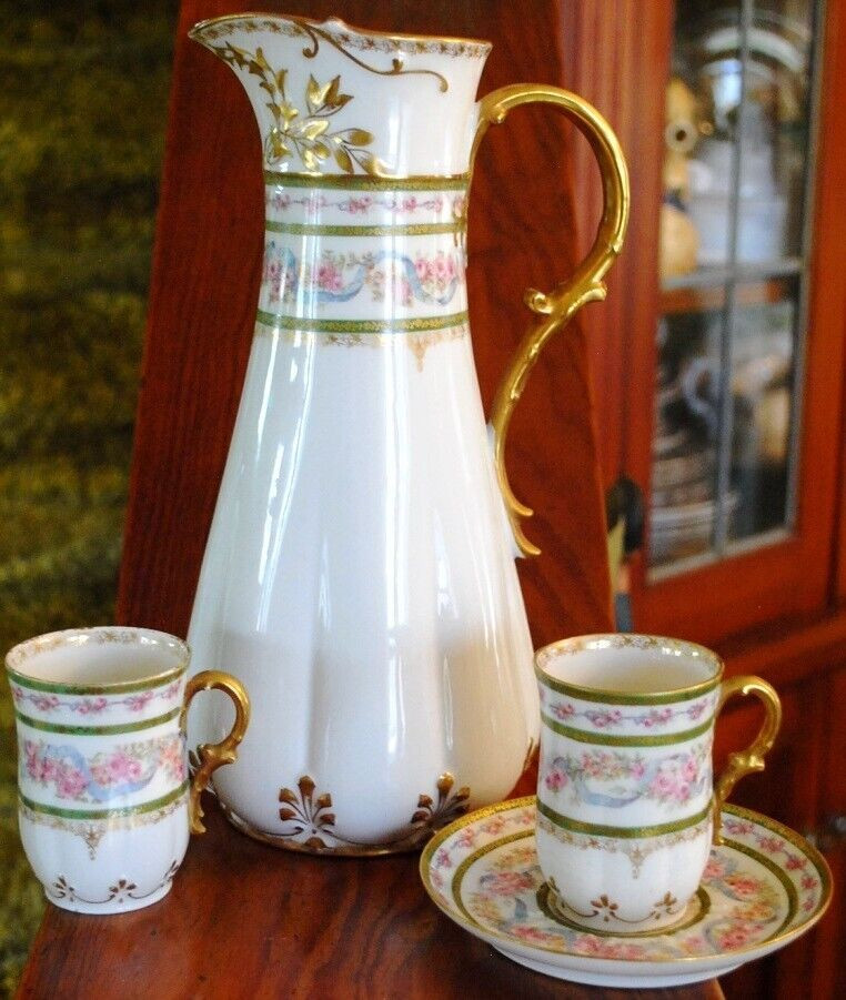 HAVILAND LIMOGES Antique Set CHARLES FIELD Chocolate Pot/ 2 Cups 1 Saucer FRANCE