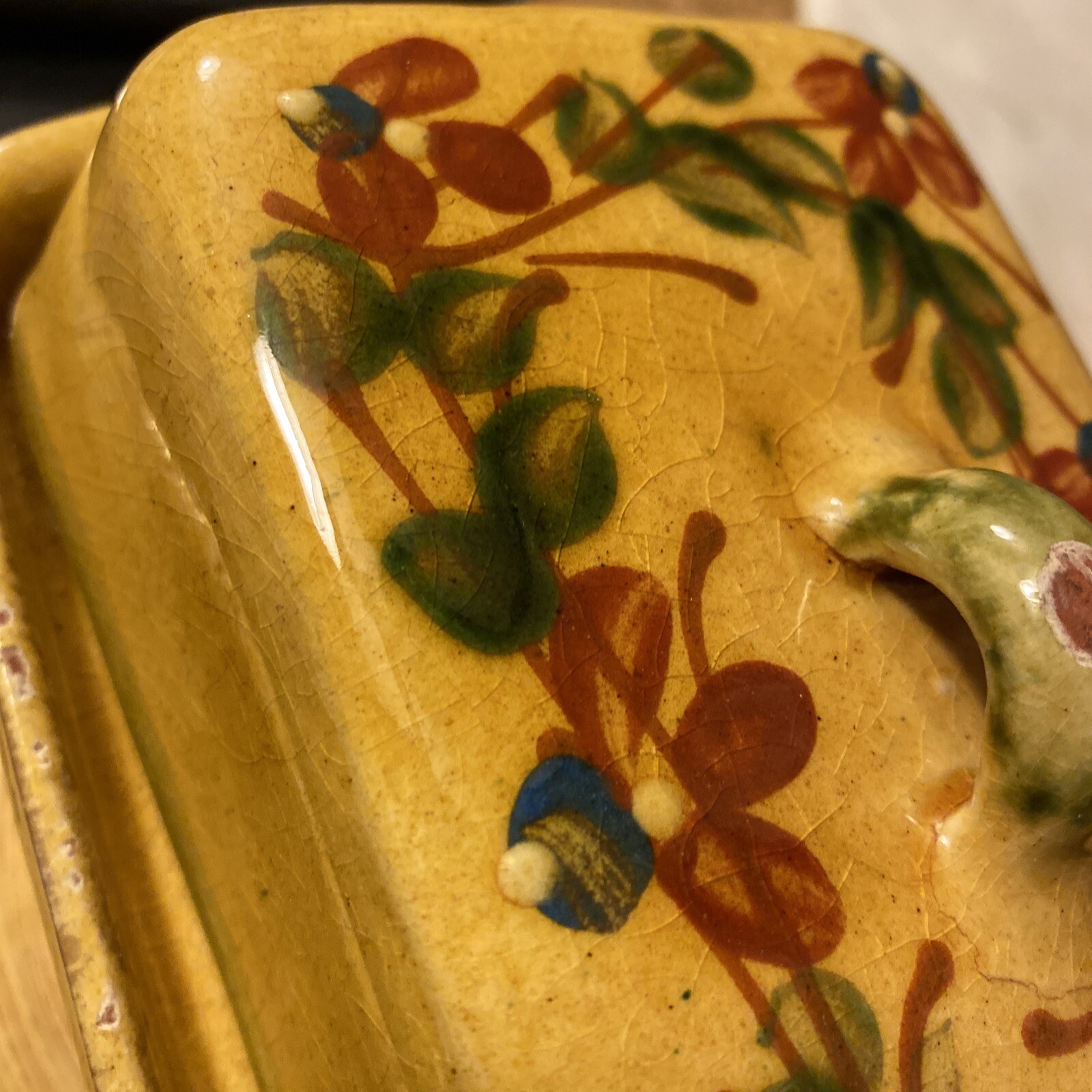 Pound BUTTER or CHEESE Heavy Red Clay Dish WITH LID Berries And Leaves Vintage