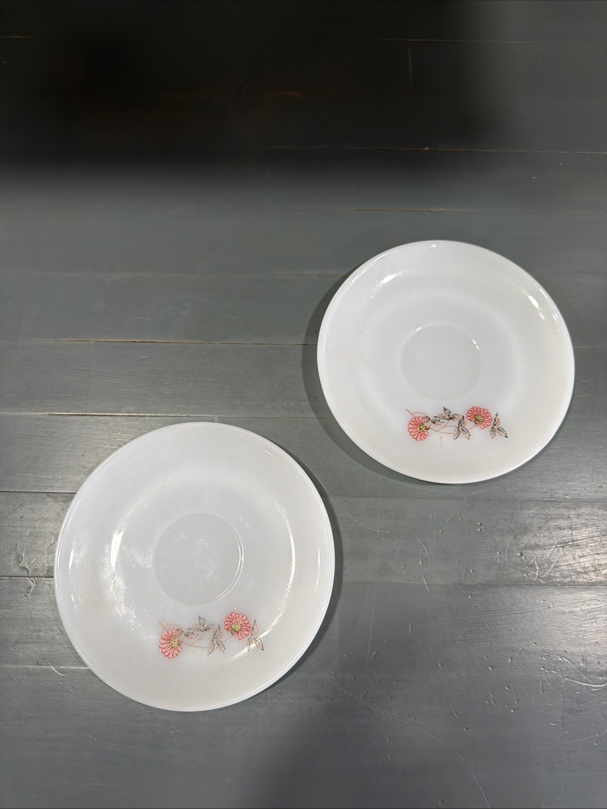 Pair of 2 Anchor Hocking Fire King Oven Ware Roses White Milk Glass Saucers