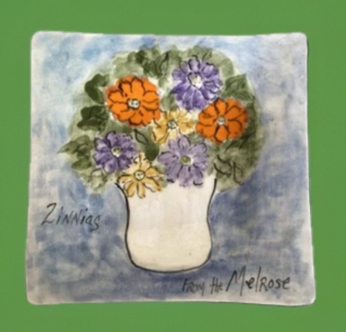 Square Dish Hand Painted Flower/Zinnias Still Life by Lori Ellyn 6-1/2″