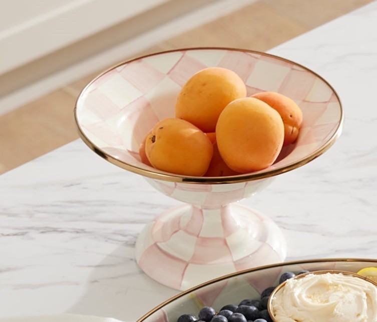 Mackenzie Childs Rosy Check pink compote bowl 10 oz. 7.5″ dia. 5″ T NEW in box!
