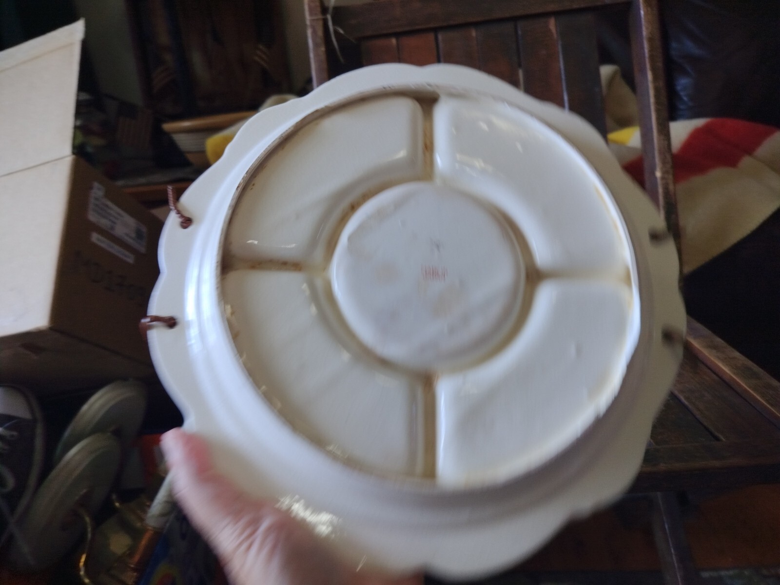 Antique Divided Serving Dish Floral Round Tray Wicker Handle Imari Japan 1940’s