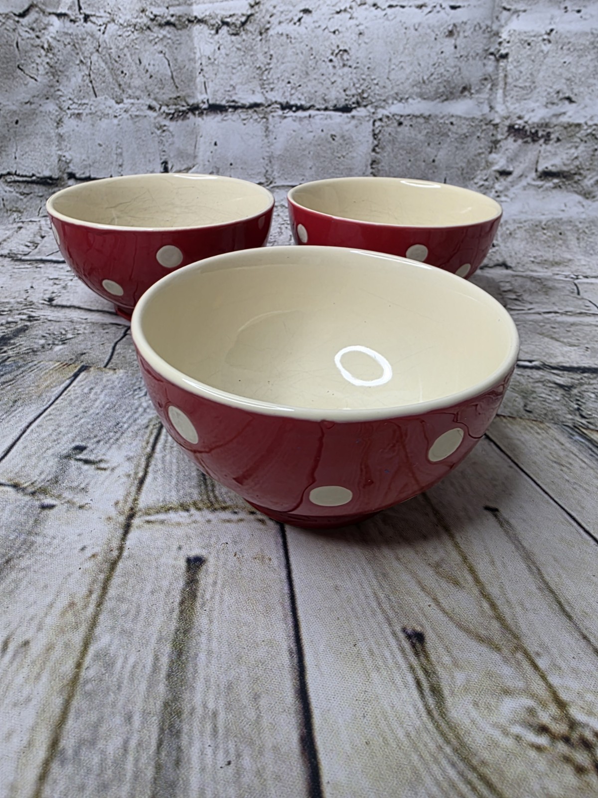 3 Red White Footed Polka Dot Cafe Au Lait Bowl 2.25 x 4.25 Inches