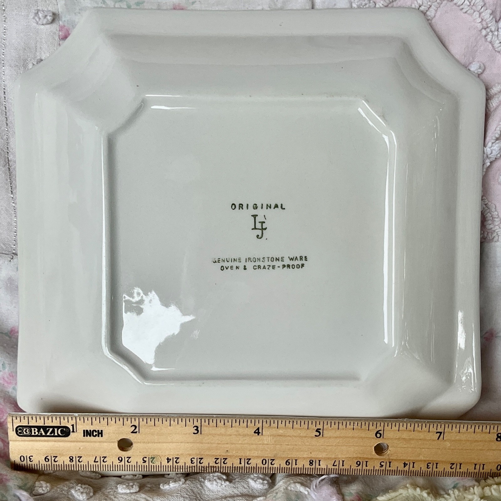 Vintage Original LJ Genuine Ironstone Ware Square Pink Chrysanthemum Floral 8″ P