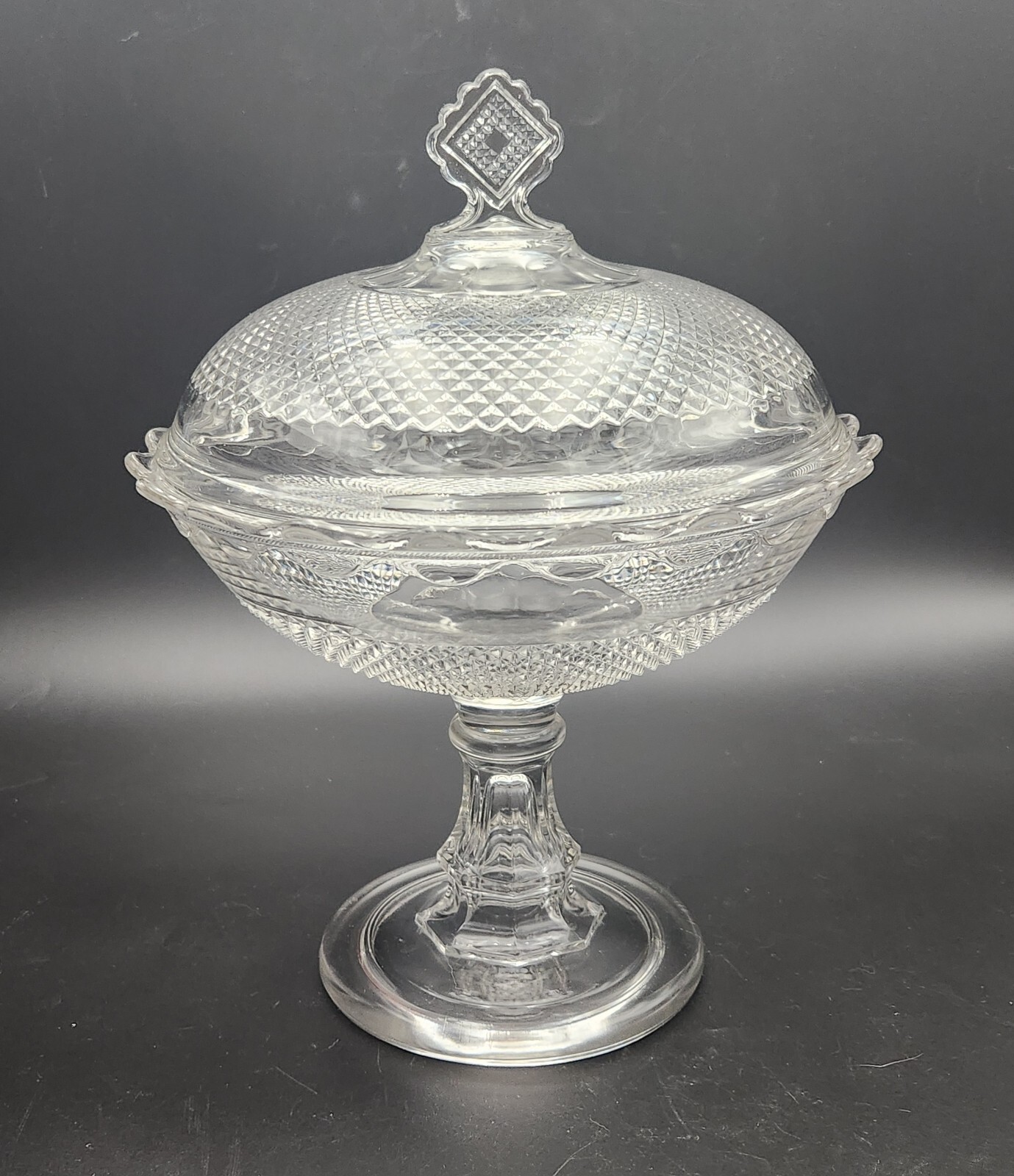 1870s Central Glass Co #439 Diamond Point Footed Glass Compote Comport With Lid