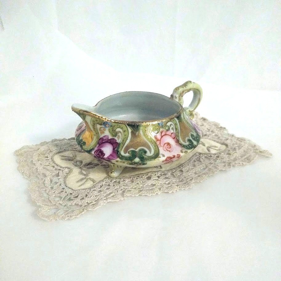 Antique Nippon Hand Painted Three Footed Creamer Moriage Pink Rose Gold Pitcher