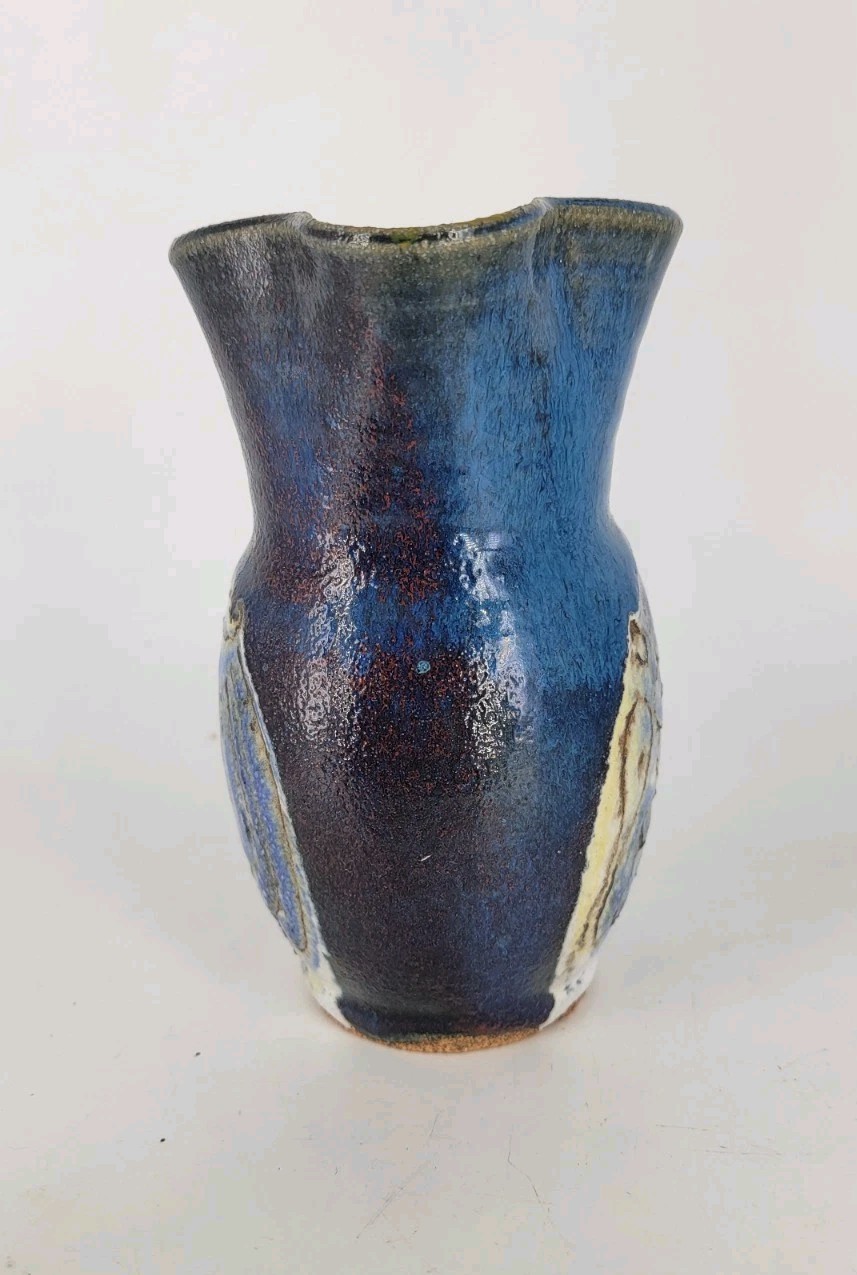Studio Art Pottery Signed Foster Hand Thrown Jug Blue Purple Sgraffito Glazed