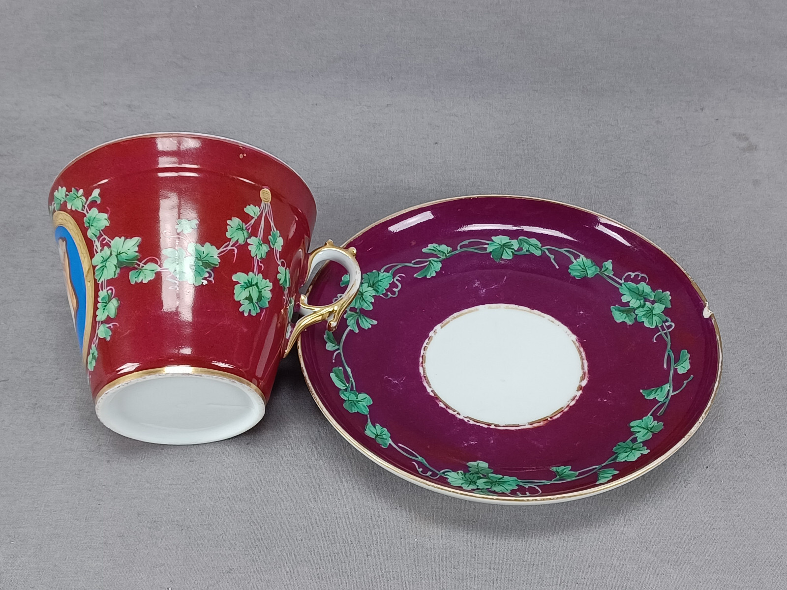 19th Century Austrian Hand Painted Neoclassical Portrait Oversized Cup & Saucer