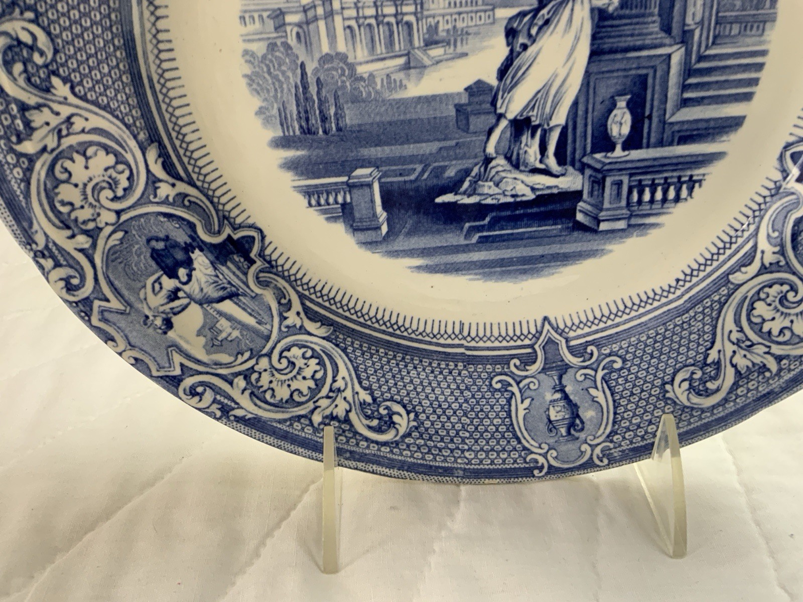 Antique Blue Transferware Dinner Plate, UK,, Grecian Lady & Castle, Davenport