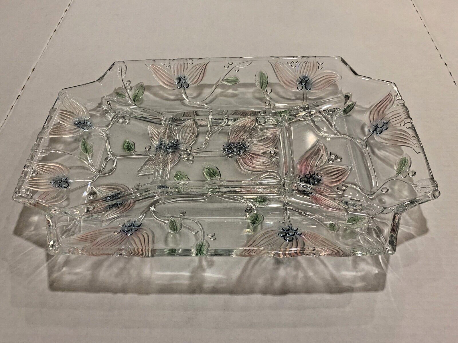 CRYSTAL CLEAR STUDIOS 1990 TINTED FLORAL DIVIDED SERVING DISH TRAY LARGE 15″