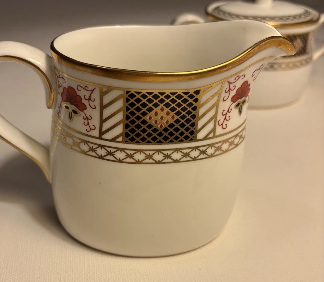 Royal Crown Derby Bordered Covered Sugar Bowl And Creamer